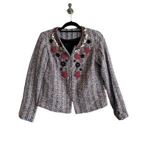 Anthropologie Summer Of Love Suzy Tweed Embellished Blazer Jacket Womens Size XS
